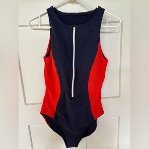 Athleta Red and Navy Zip-Front Swimsuit